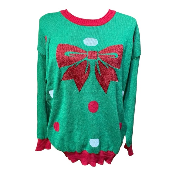 “Well Worn” brand Bright green sweater with a bold red bow & white polka dots - Picture 2 of 8